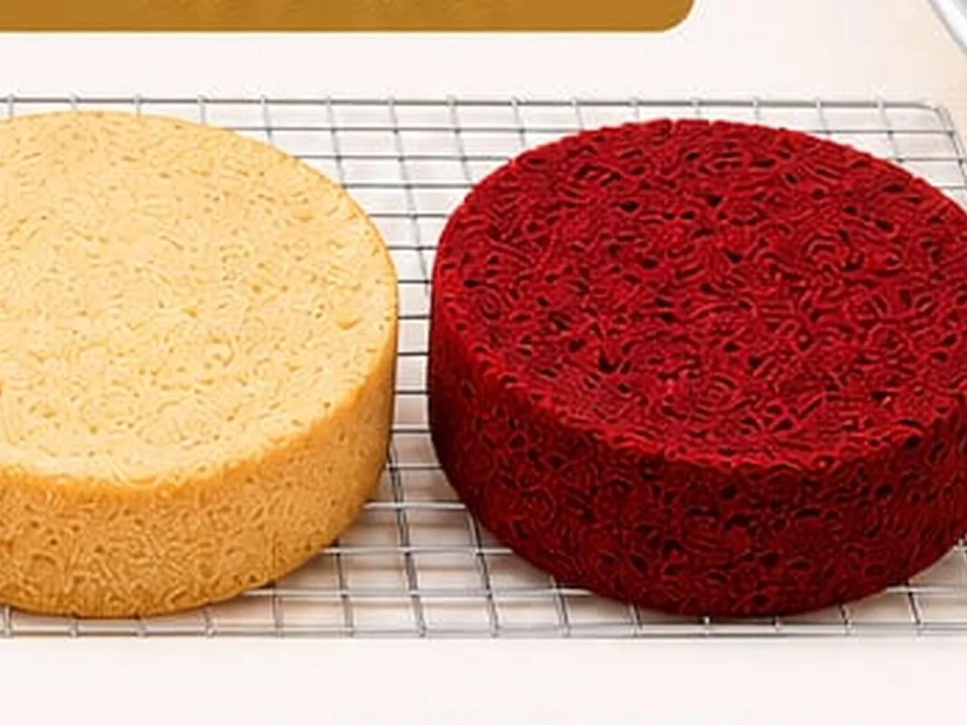 Two finished sponges cooling on a wire rack in the bakery