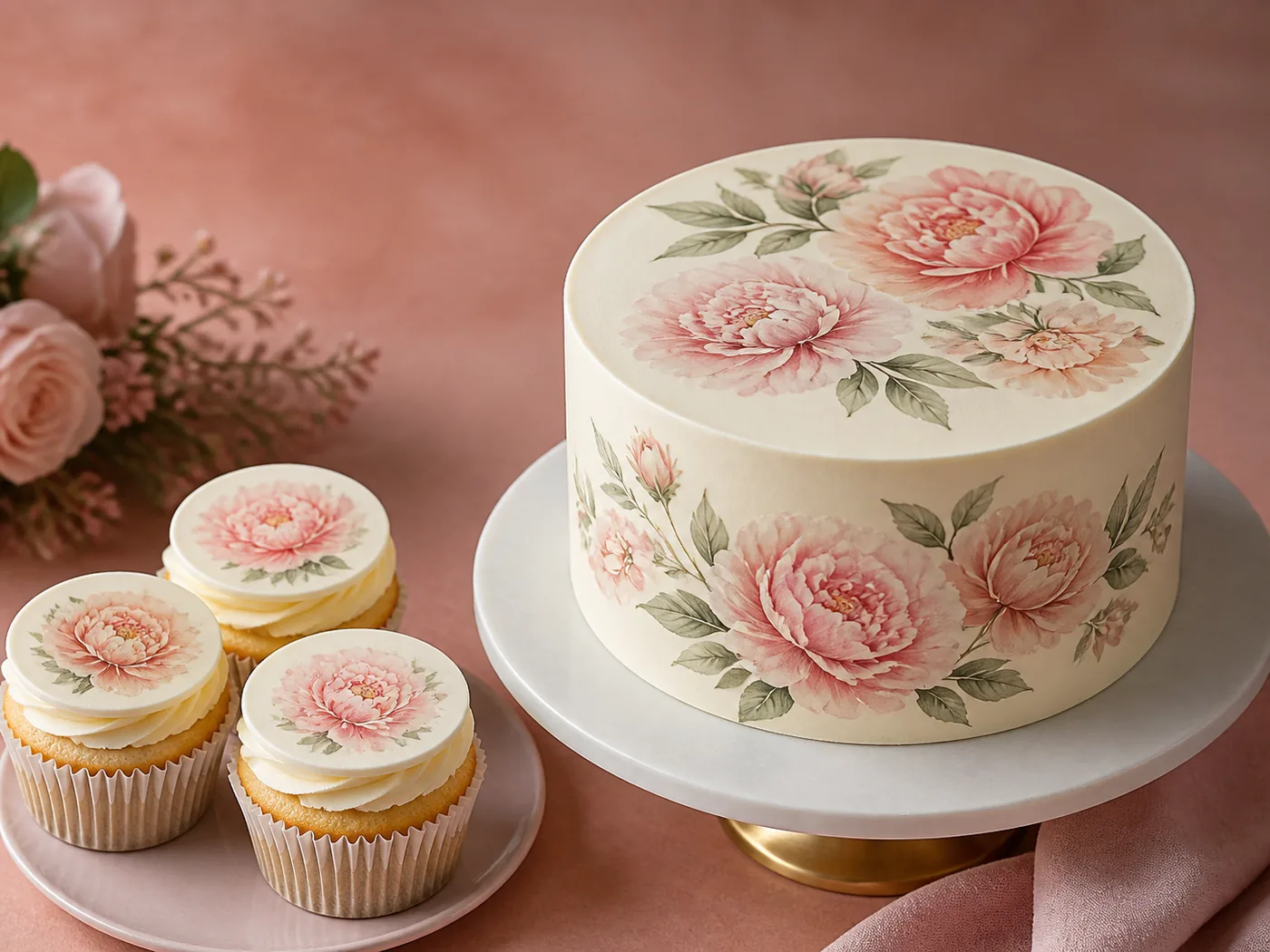 Cake and cupcakes with edible floral prints