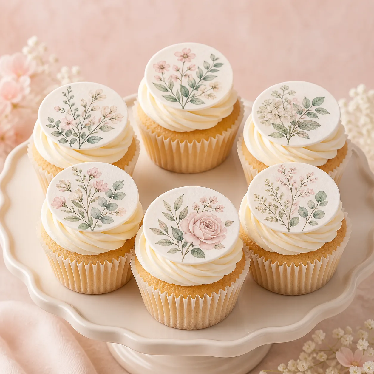 Cupcakes finished with edible botanical prints