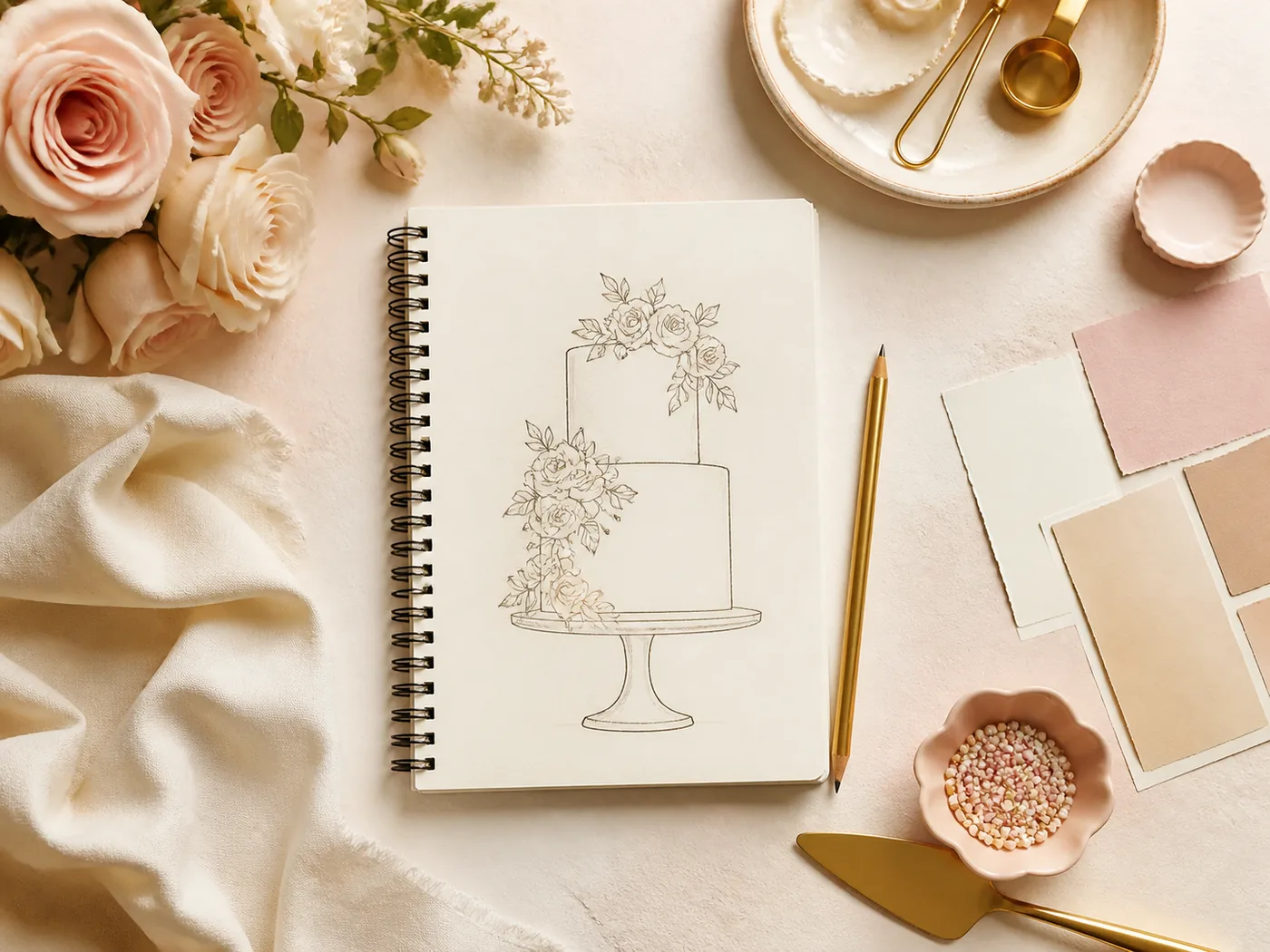 Cake design planning workspace with sketchbook, roses and stationery