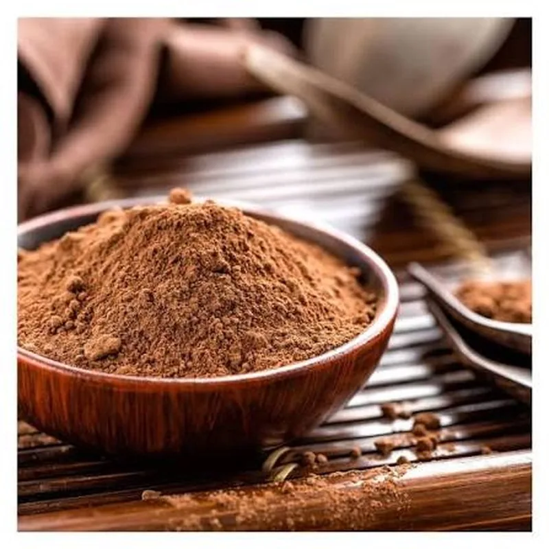 Cocoa powder in a wooden bowl on a dark wooden board