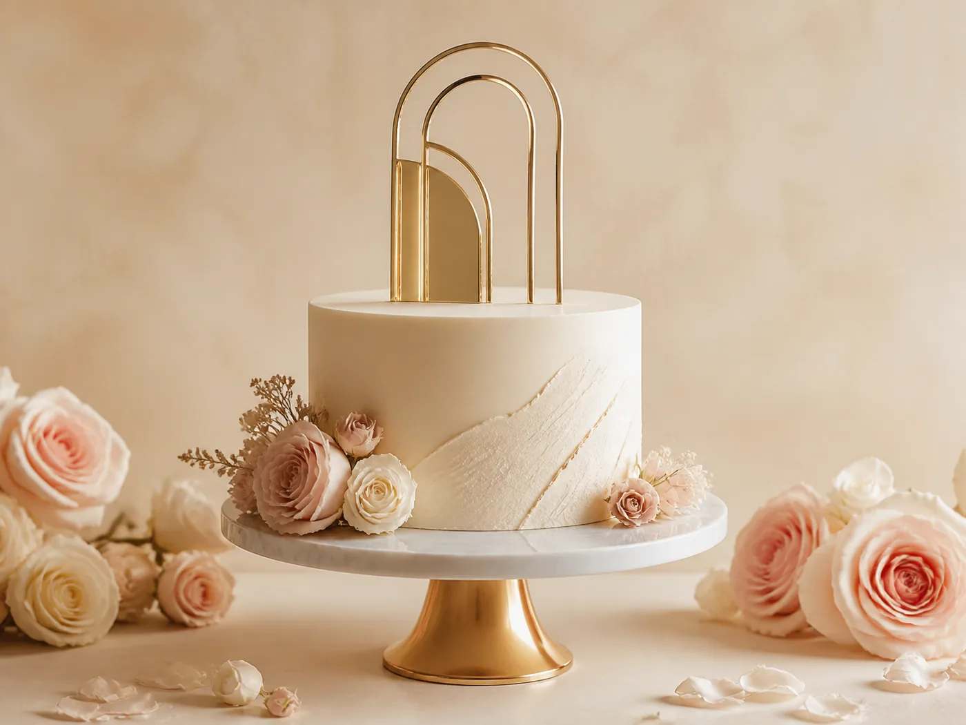 Ivory cake with a gold acrylic cake topper