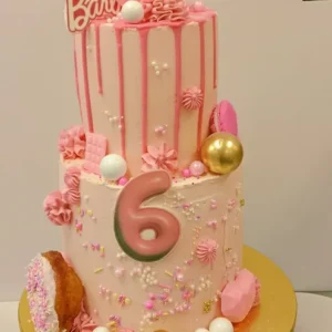 Pink Drip and Gold Ball Doll Cake