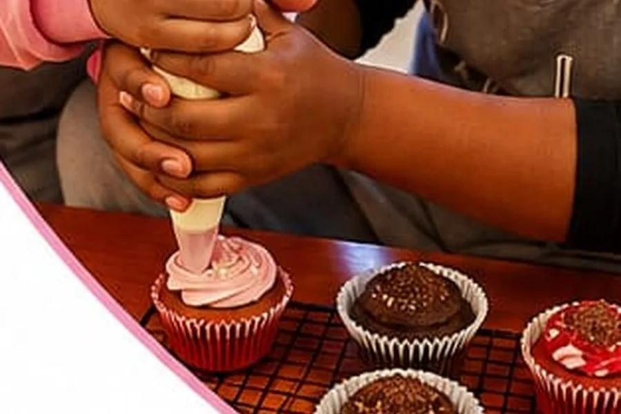A child piping pink icing onto a cupcake, with chocolate and red velvet cupcakes on a cooling rack